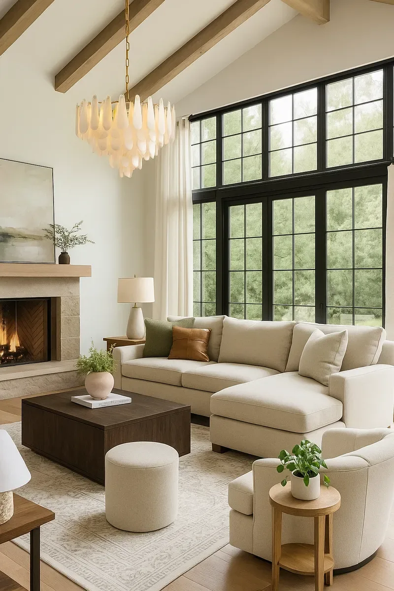 3D visualisation: Living room with a fireplace, cream sectional and tall black windows