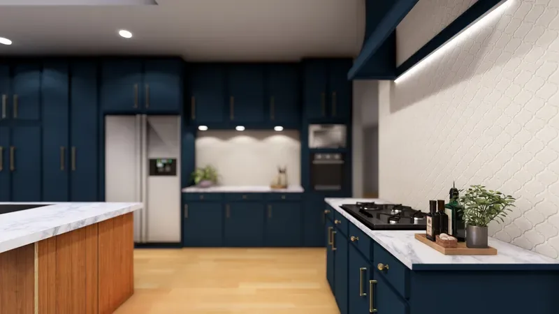 3D visualisation: Navy kitchen with a walnut island