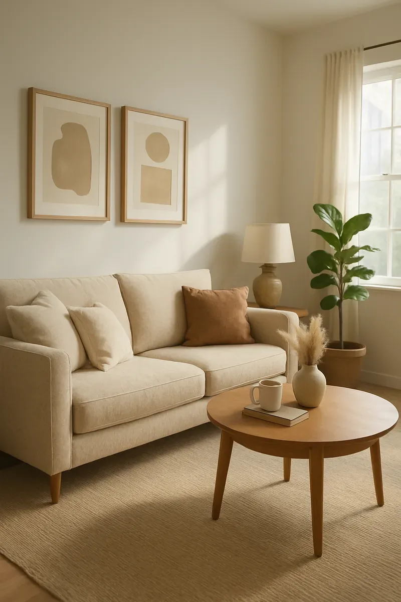 3D visualisation: Calm living room with a cream sofa, round coffee table and framed art