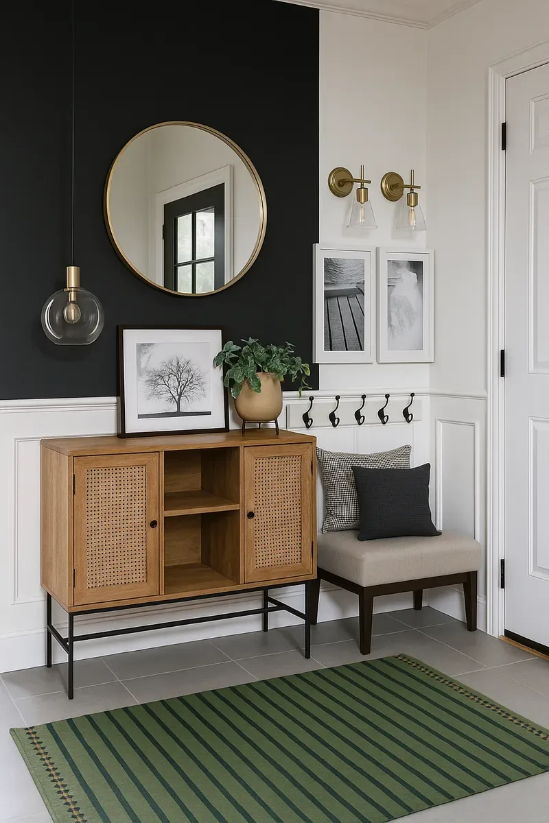 3D visualisation: Entryway with a round mirror, wooden cabinet and green rug