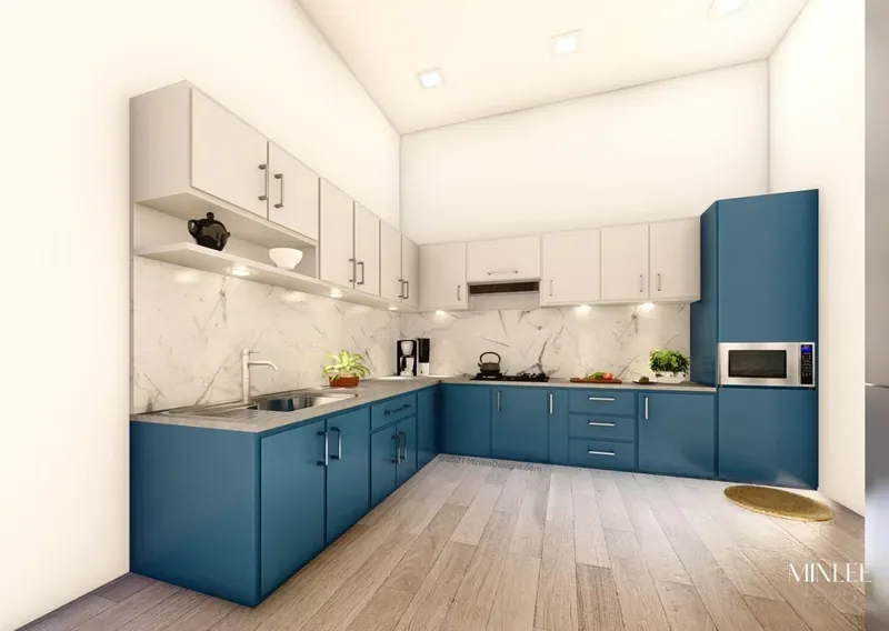 3D visualisation: Bright kitchen with blue lower cabinets