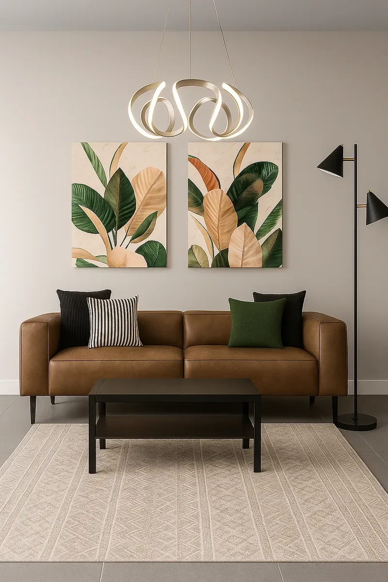 3D visualisation: Tan leather sofa with botanical artwork and a floor lamp