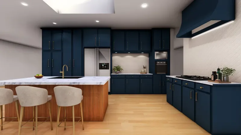3D visualisation: Navy kitchen with an island and bar stools