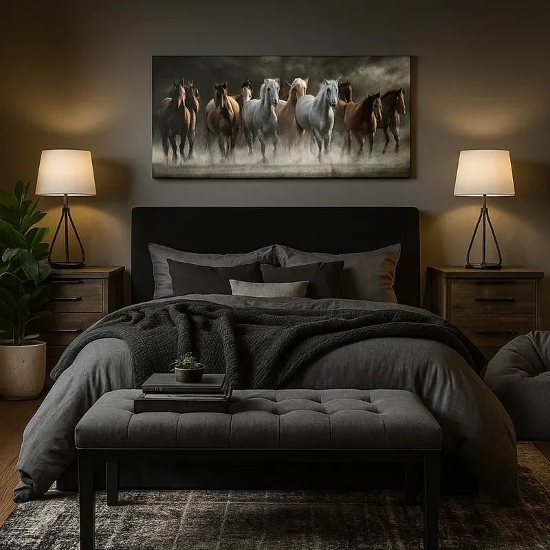 3D visualisation: Dark, moody bedroom with a bench and wall art
