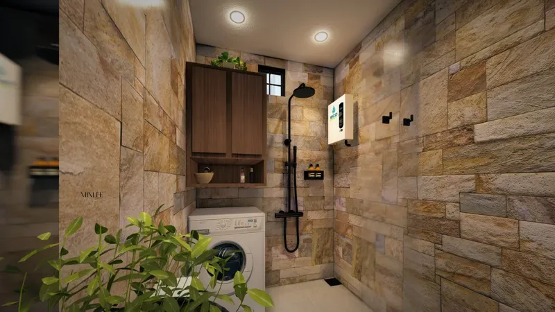 3D visualisation: Bathroom with a stone feature wall and plants