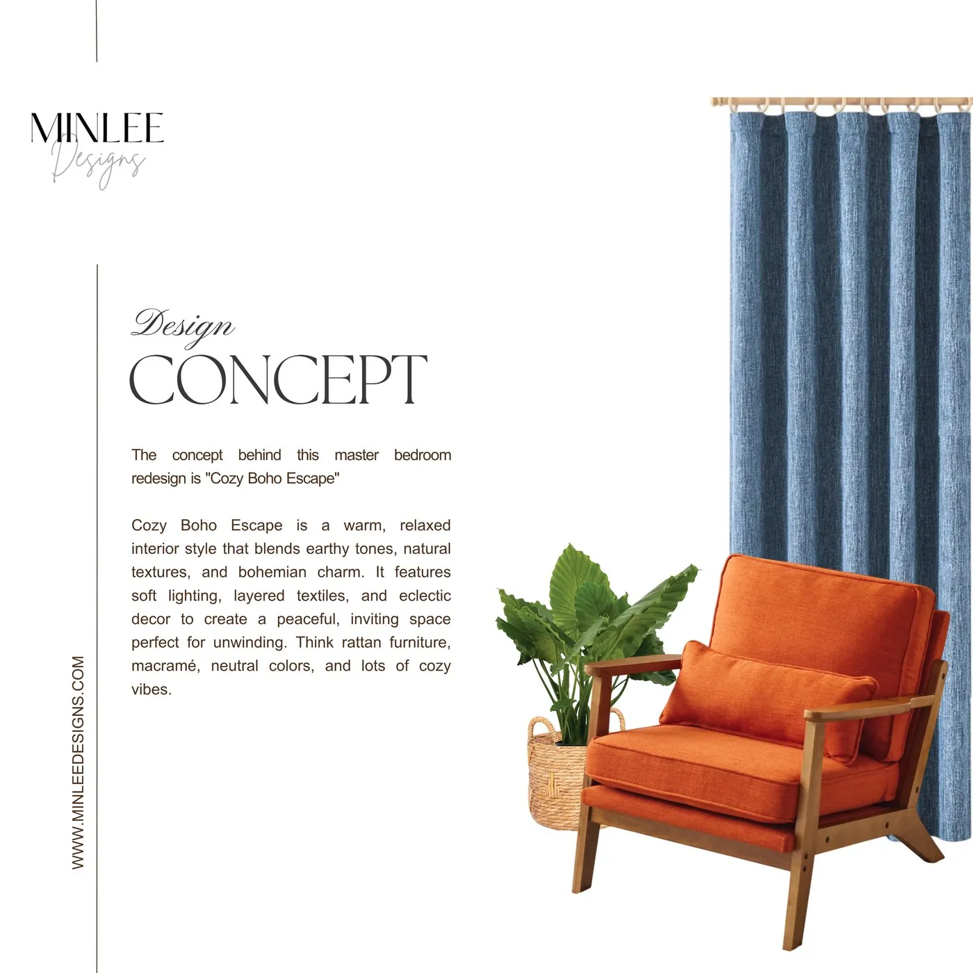 Design concept page for the Cozy Boho Escape bedroom