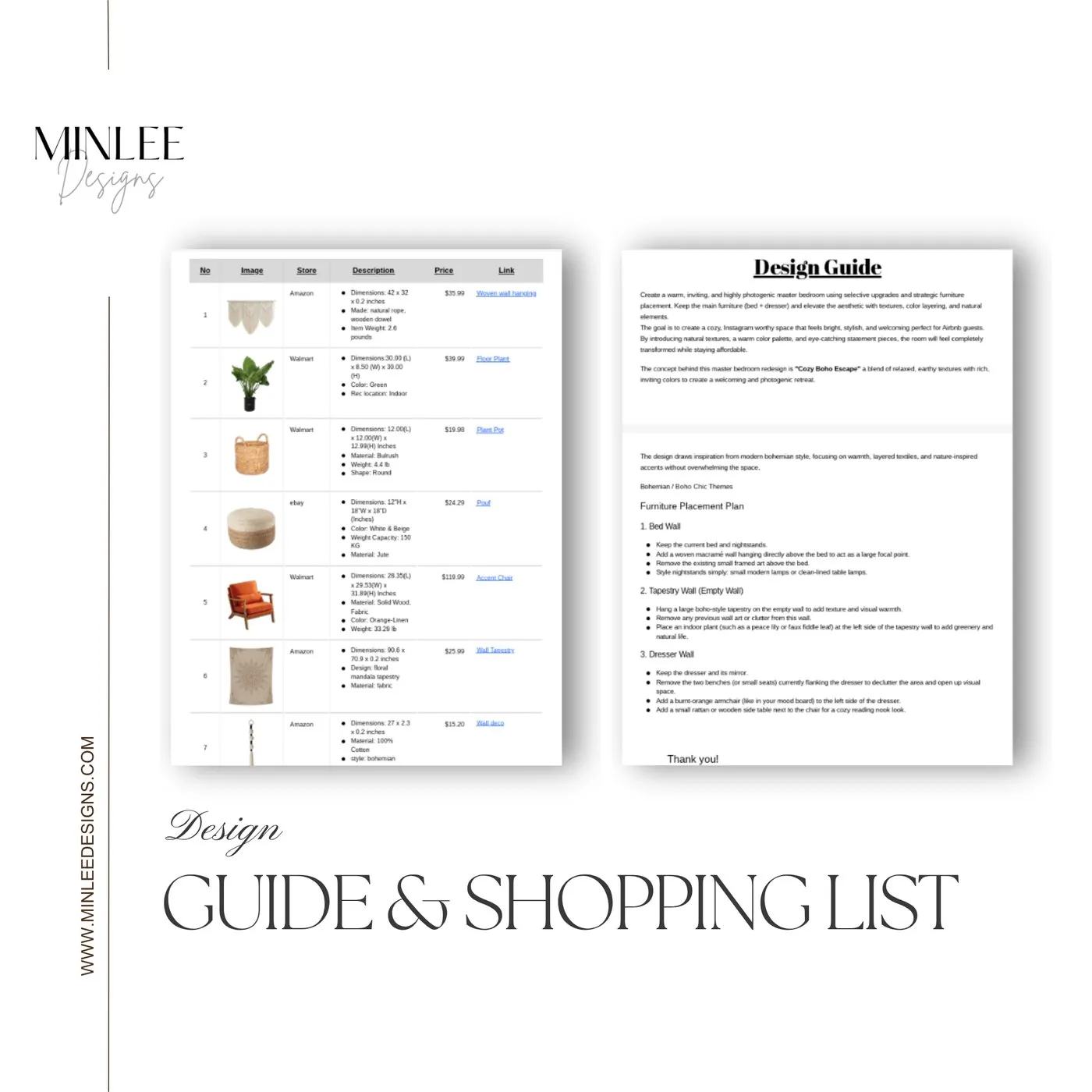 Design guide and shopping list for the boho bedroom with macramé, plant, pouf and accent chair