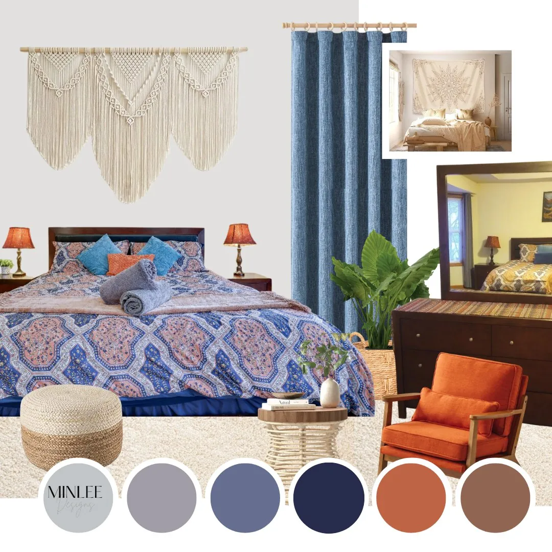 Example mood board for a boho bedroom with colour palette