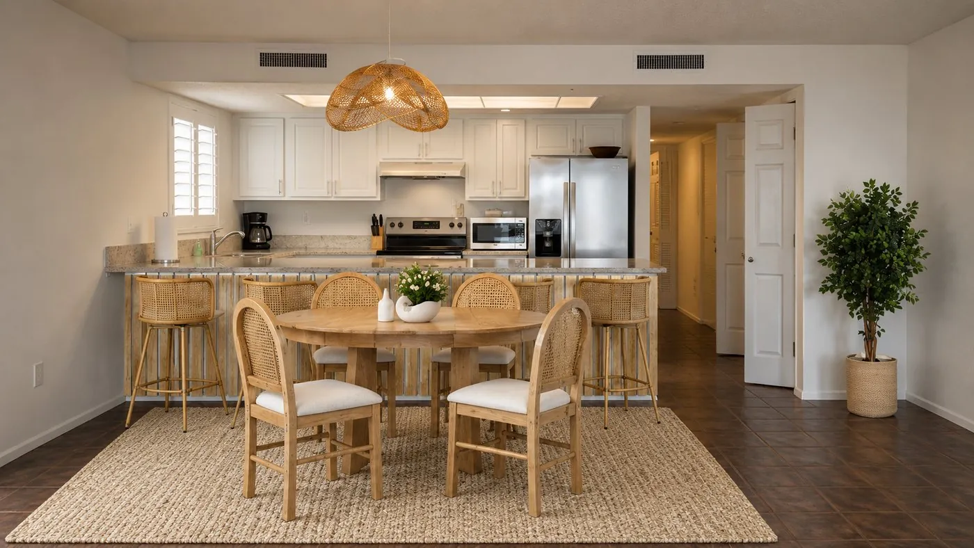 Dining area with a round oak table, cane chairs, jute rug and woven pendant