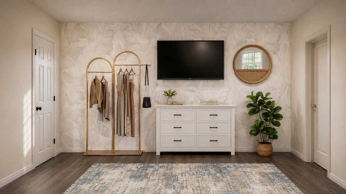 Bedroom dresser wall with leaf wallpaper, brass clothes rail and round rattan mirror