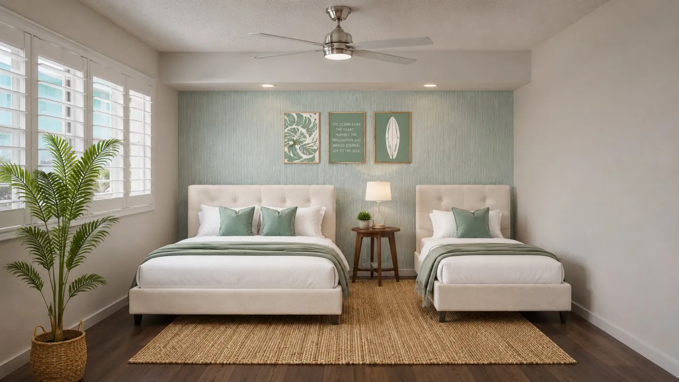 Twin guest bedroom with sage cushions, textured feature wall and jute rug