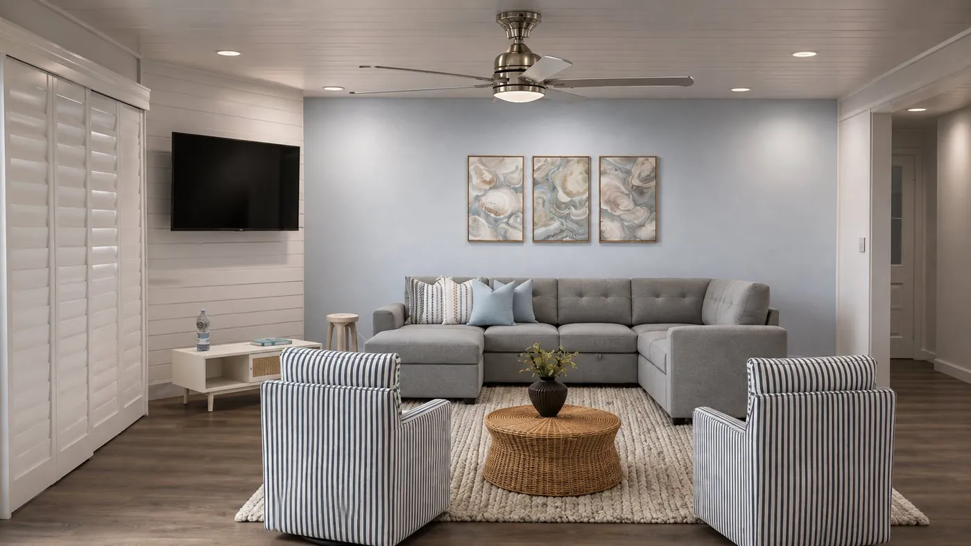 Coastal living room with a grey sectional, striped swivel chairs and a rattan coffee table