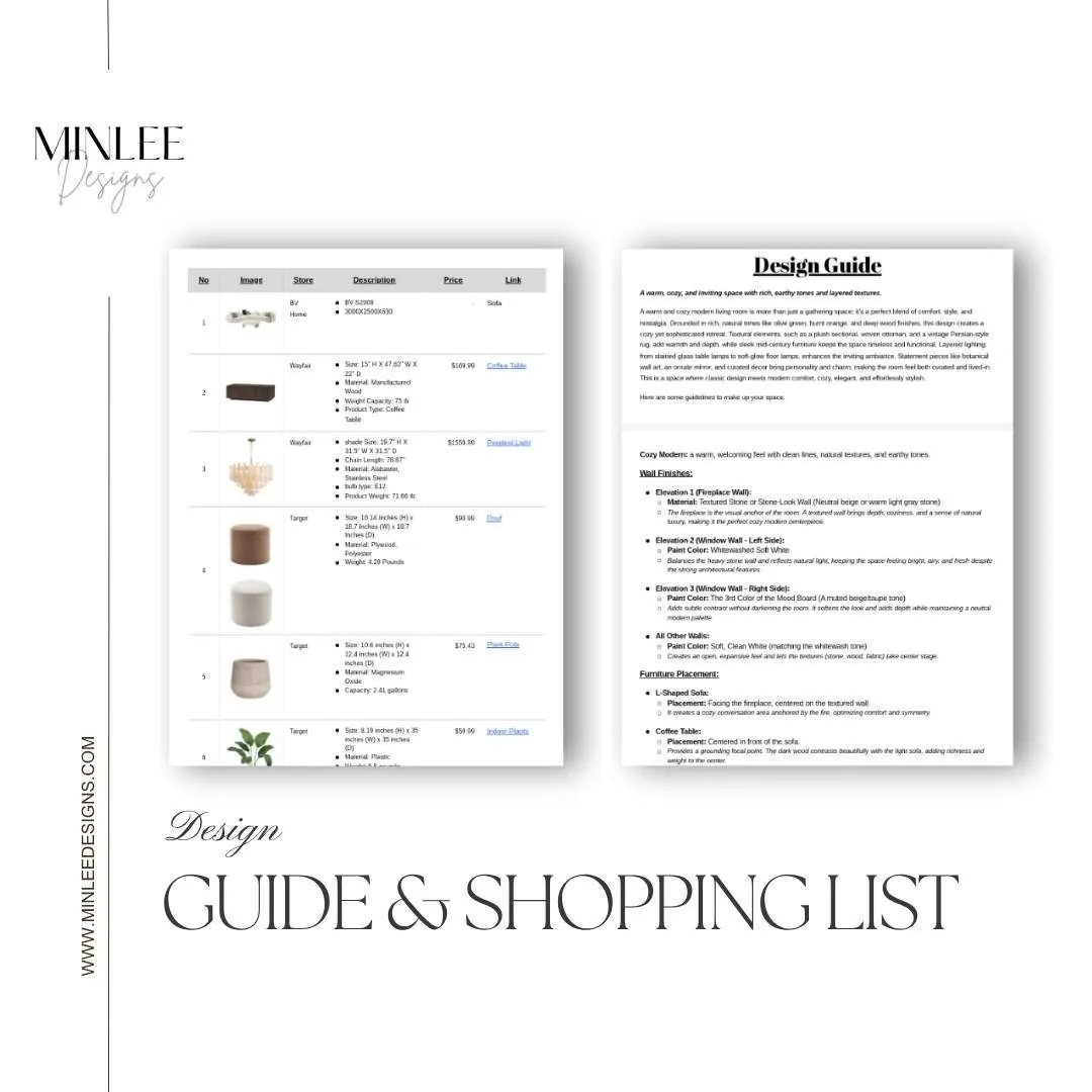 Design guide and shopping list pages for the cosy living room