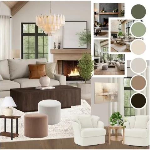 Mood board with colour palette for a calm living room