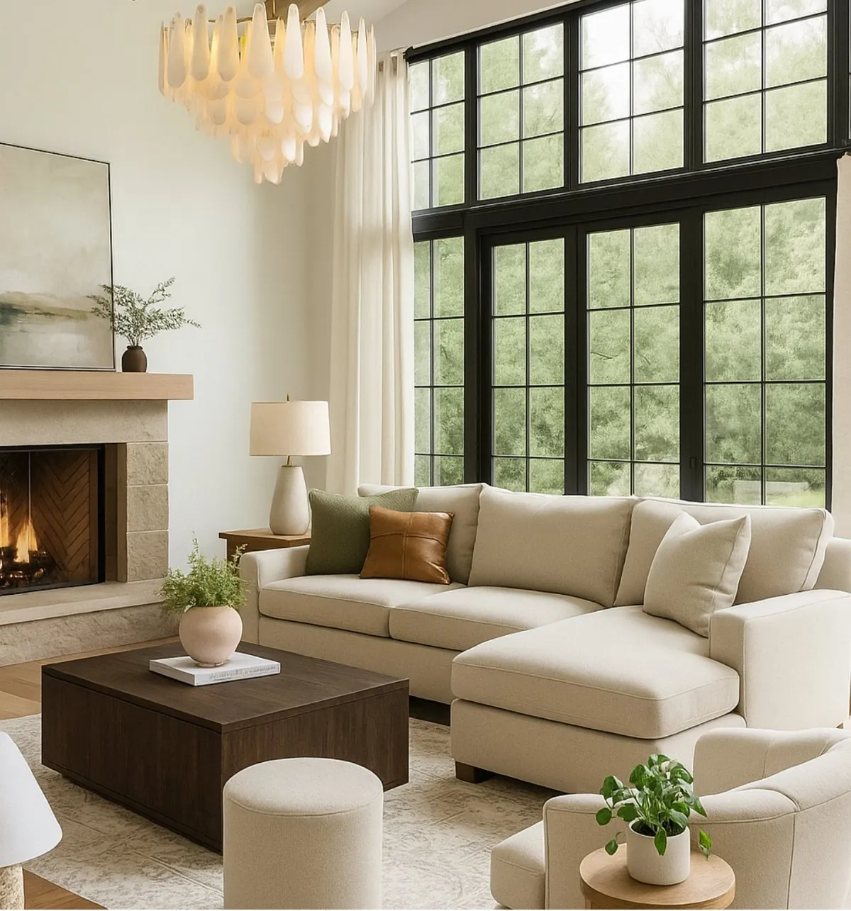 Light, airy living room designed by MinLee Designs, with a cream sectional sofa, stone fireplace and tall black-framed windows