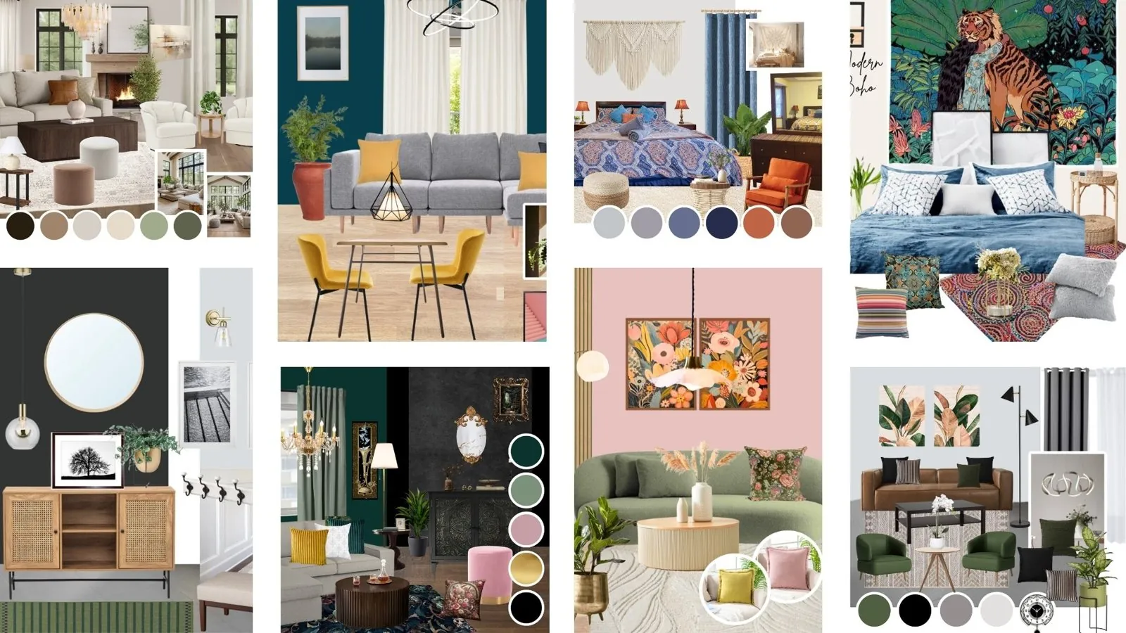 A collection of eight recent MinLee Designs mood boards for living rooms and bedrooms