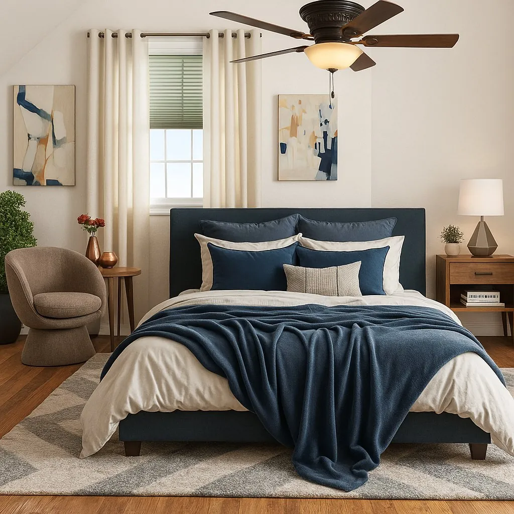 Design visual of a bedroom with a navy upholstered bed and cream linen