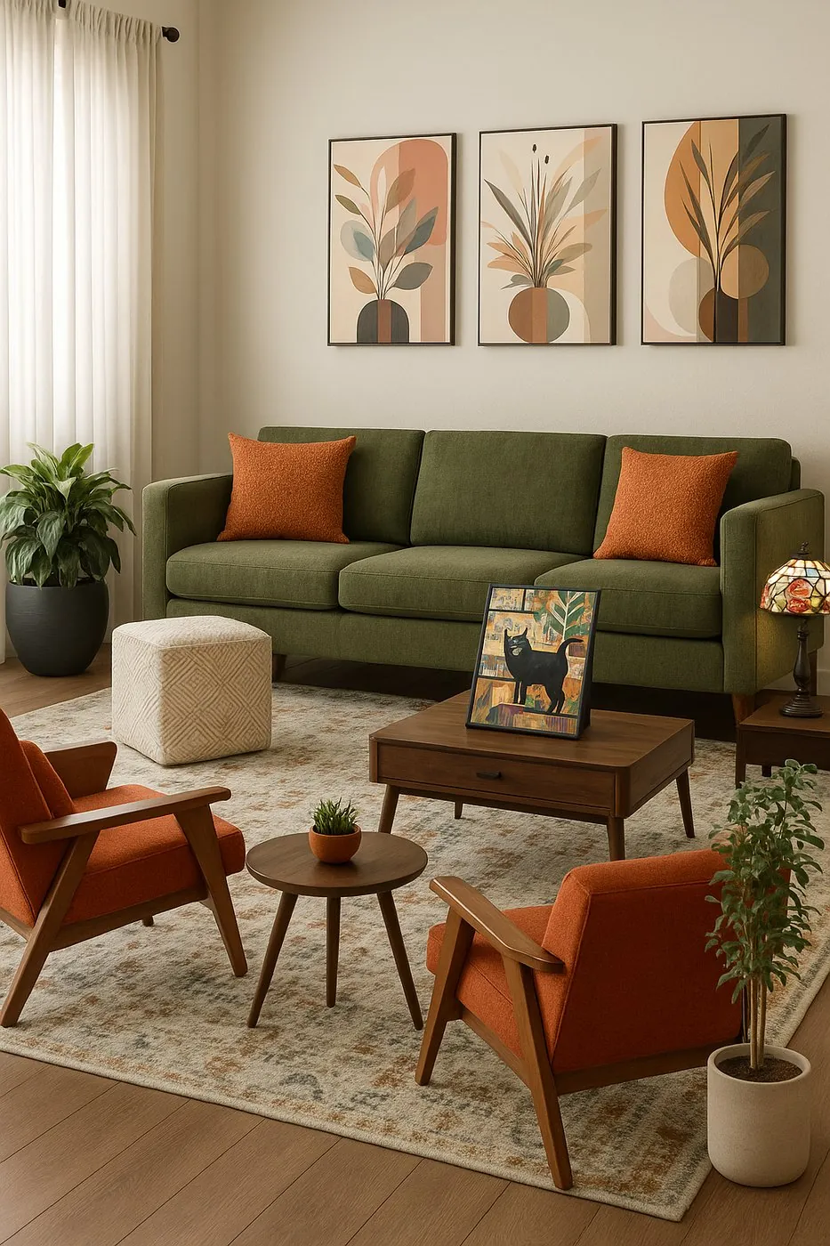 Design visual of a living room with an olive sofa, rust armchairs and botanical prints