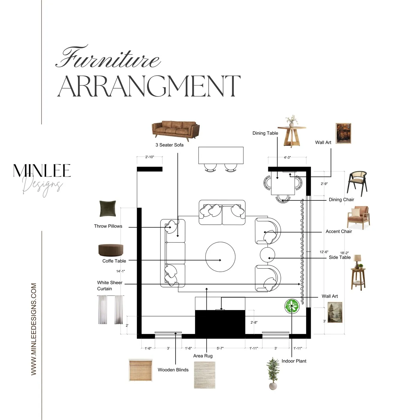 Measured furniture layout plan for the same rustic living room