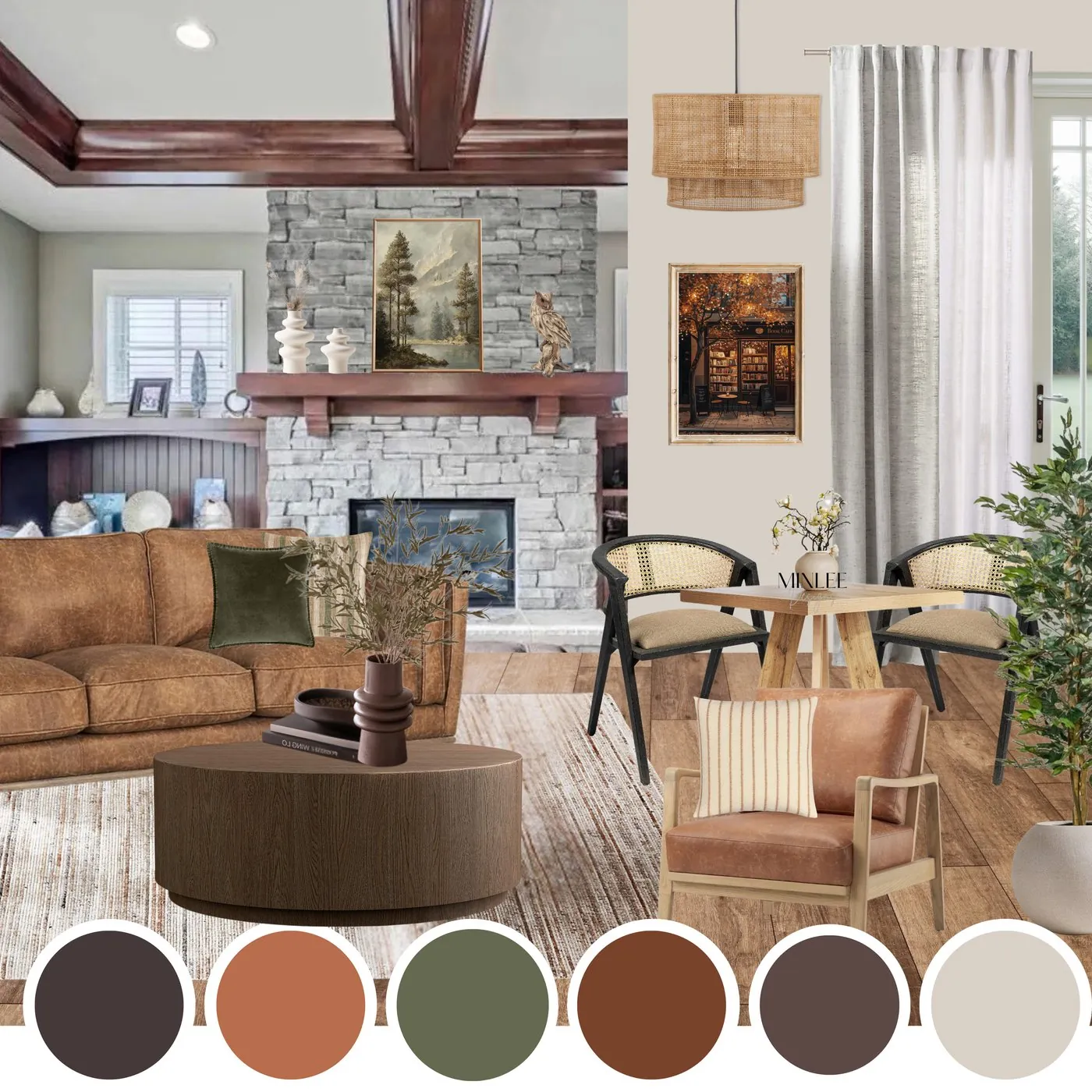 Modern rustic living room mood board with leather sofa, stone fireplace and colour palette